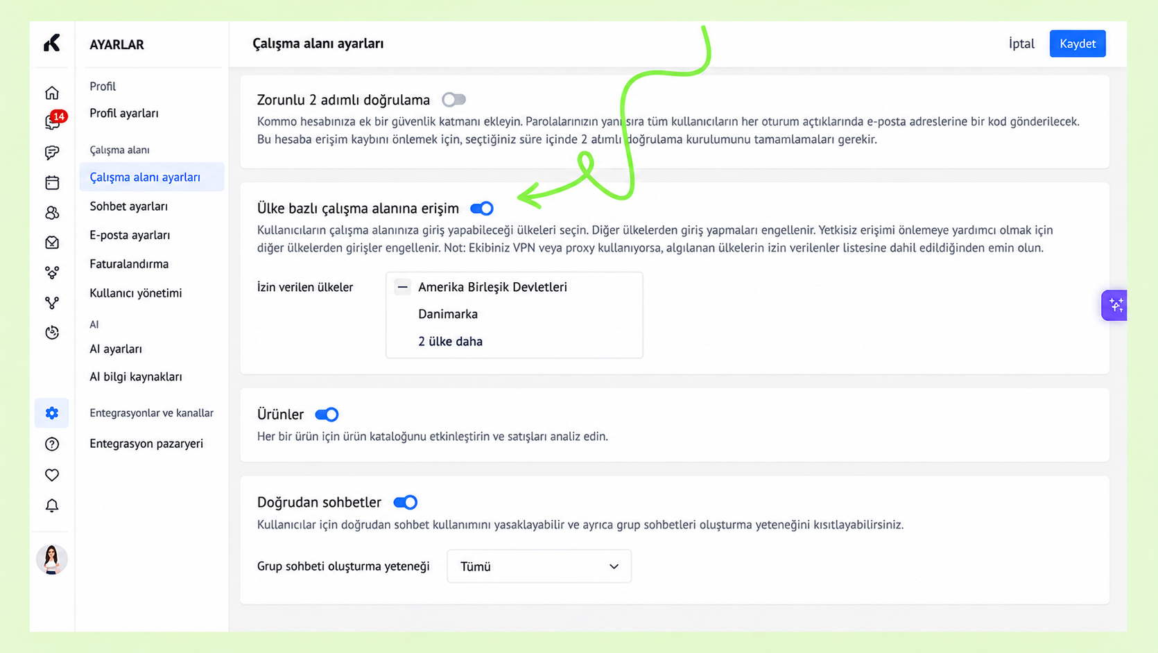 Settings page showing access control options for user locations and product features.